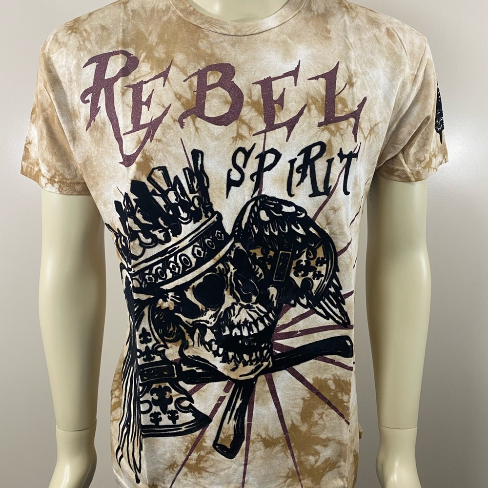 Rebel Spirit Creme Brown Skull King Short Sleeve Shirt Velvet